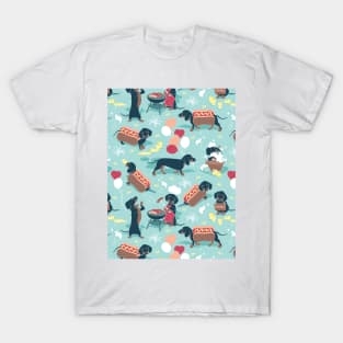 Hot dogs and lemonade // pattern // aqua green background navy and brown dachshunds T-Shirt